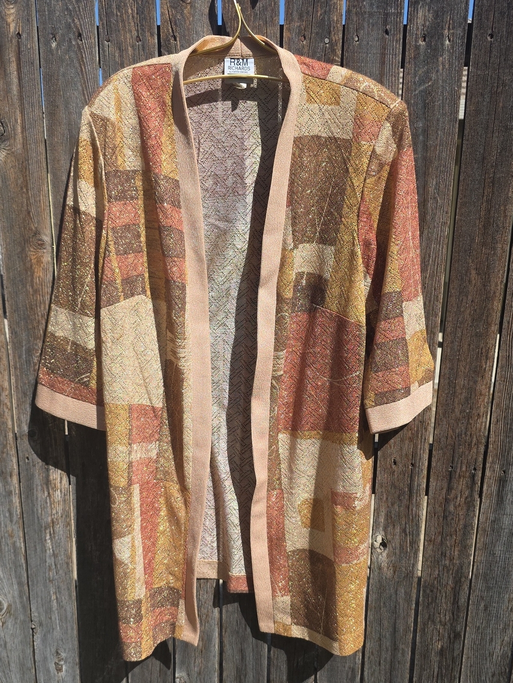 R&M Richards by Karen Kwong Patchwork Open-Front Cardigan in Gold, Tan & Rust